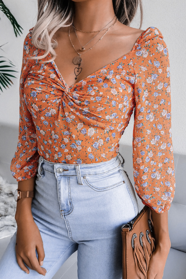 Fashion Elegant Floral Patchwork Fold V Neck Tops