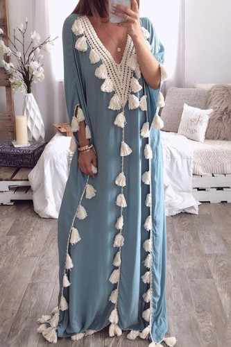 Fashion Street Solid Tassel Patchwork V Neck Straight Dresses