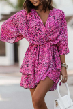 Fashion Print Patchwork V Neck Cake Skirt Dresses