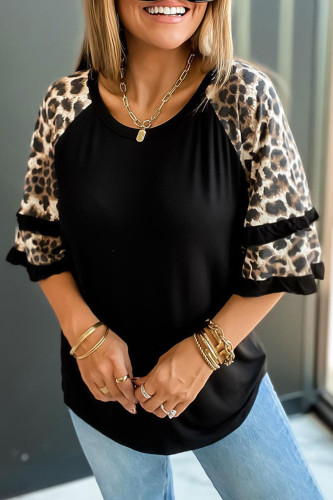 Casual Print Leopard Patchwork O Neck T-Shirts