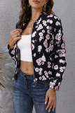 Elegant Print Patchwork Zipper O Neck Outerwear