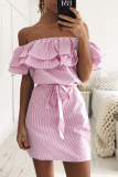 Casual Striped Flounce Off the Shoulder Pencil Skirt Dresses