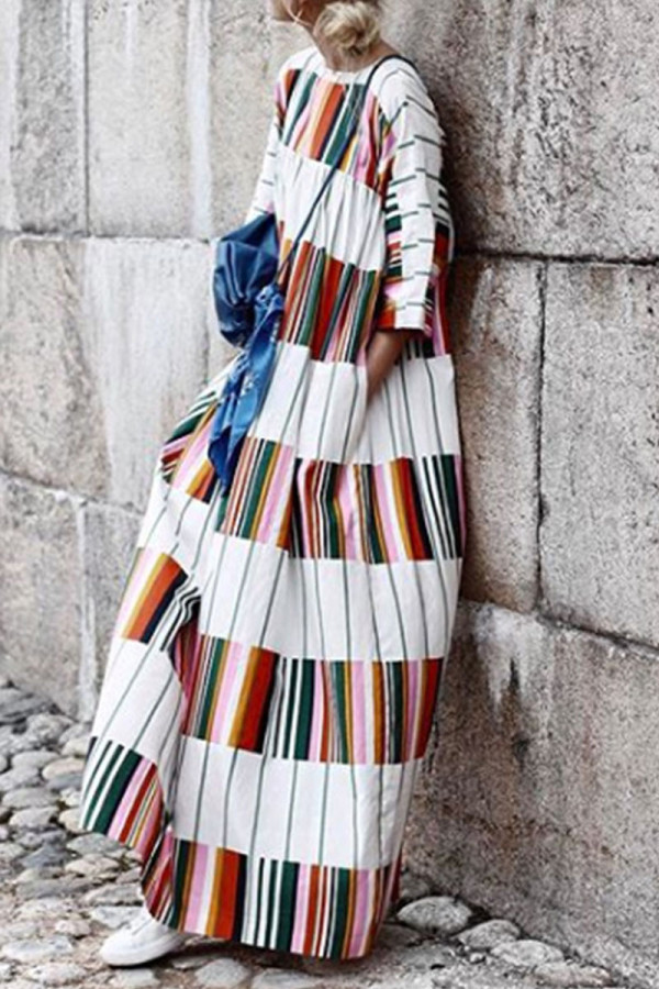 Fashion Casual Striped Patchwork O Neck A Line Dresses