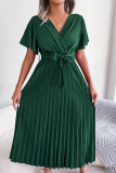 Casual Solid Fold V Neck Waist Skirt Dresses