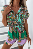 Casual Print Patchwork Turndown Collar Straight Rompers