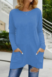 Casual Solid Patchwork Pocket O Neck Tops