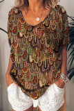 Casual Print Patchwork U Neck T-Shirts