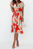 Fashion Print Patchwork V Neck Cake Skirt Dresses