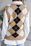 Casual Plaid Geometric Contrast V Neck Tops Sweater