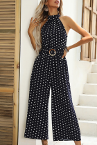 Fashion Elegant Polka Dot Patchwork With Belt Halter Straight Jumpsuits