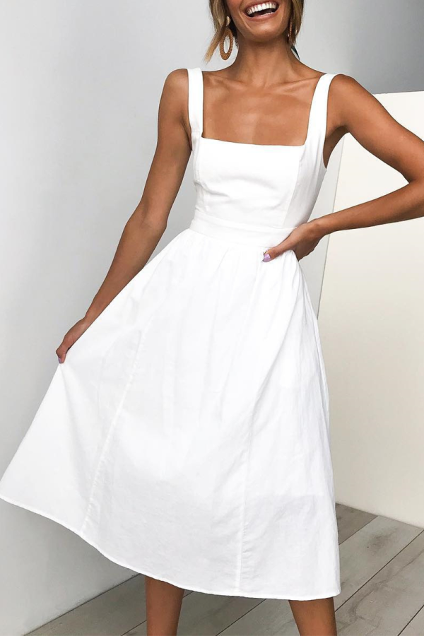 Casual Solid Patchwork Square Collar Cake Skirt Dresses