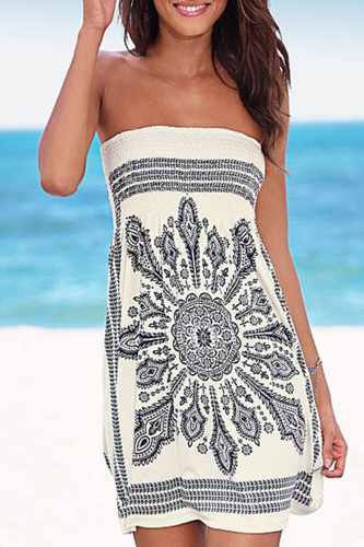 Vintage Print Patchwork Strapless Straight Dresses
