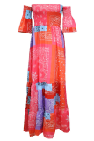 Fashion Print Patchwork Off the Shoulder Waist Skirt Dresses