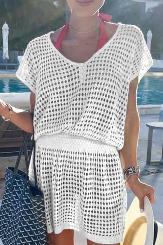 Casual Solid Mesh V Neck Waist Skirt Dresses