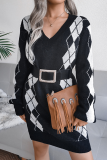 Casual Geometric Patchwork Contrast V Neck Dresses Sweater (Without Belt)