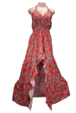 Casual Print Patchwork Halter Cake Skirt Dresses