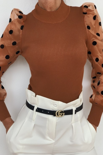 Fashion Elegant Polka Dot Patchwork Mesh O Neck Tops
