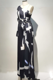 Fashion Print Patchwork One Shoulder Three Quarter Two Pieces