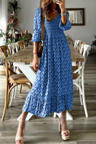 Casual Print Patchwork V Neck Cake Skirt Dresses