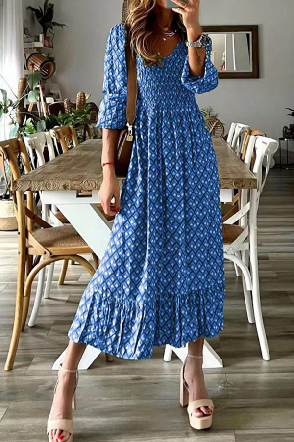 Casual Print Patchwork V Neck Cake Skirt Dresses