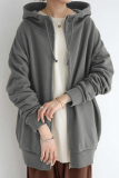 Casual Solid Draw String Pocket Zipper Hooded Collar Tops