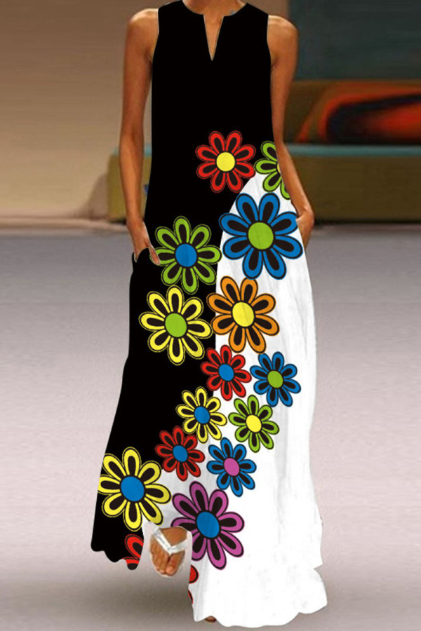 Fashion Street Print Patchwork V Neck A Line Dresses