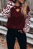 Casual Leopard Hollowed Out Patchwork V Neck Tops