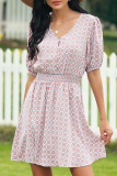 Sweet Print Buckle V Neck Dresses