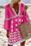 Casual Print Patchwork V Neck Cake Skirt Dresses