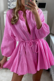 Casual Solid Buckle With Belt O Neck Shirt Dress Dresses
