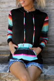 Casual Print Draw String Pocket Hooded Collar Tops