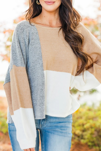 Casual Patchwork Contrast O Neck Tops Sweater