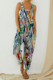 Casual Print Patchwork Square Collar Straight Jumpsuits