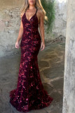 Sexy Patchwork Sequins Backless Spaghetti Strap Long Dress Dresses