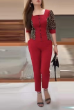 Fashion Leopard Patchwork Square Collar Short Sleeve Two Pieces