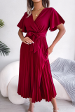 Casual Solid Fold V Neck Waist Skirt Dresses