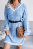 Casual Striped Patchwork Contrast V Neck A Line Dresses Sweater (Without Belt)