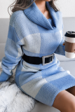 Casual Plaid Patchwork Contrast Turtleneck Pencil Skirt Dresses Sweater (Without Belt)