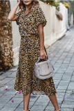 Casual Print Patchwork Turndown Collar Waist Skirt Dresses