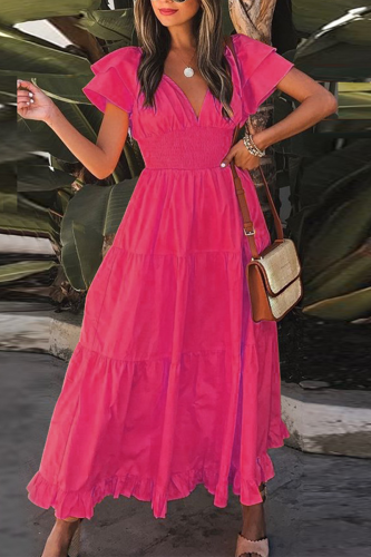 Casual Solid Flounce V Neck Waist Skirt Dresses