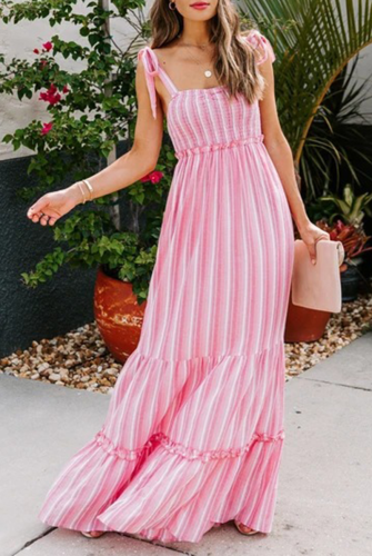 Fashion Elegant Striped Patchwork Fold Spaghetti Strap A Line Dresses