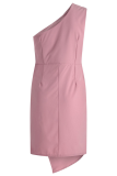 Elegant Solid Patchwork Strap Design One Shoulder Irregular Dress Dresses