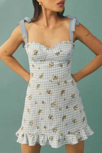 Sweet Plaid Floral Frenulum Flounce A Line Dresses