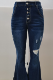 Casual Solid Ripped Buckle Mid Waist Boot Cut Denim Jeans