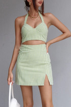 Fashion Sexy Plaid Patchwork V Neck Sleeveless Two Pieces
