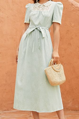 Elegant Plaid Lace With Belt Peter Pan Collar A Line Dresses