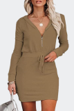 Elegant Solid Draw String Zipper Hooded Collar Dresses