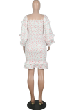 Elegant Floral Patchwork Flounce Square Collar Pencil Skirt Dresses