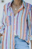 Casual Striped Patchwork Turndown Collar Tops