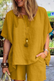 Casual Solid Patchwork O Neck Short Sleeve Two Pieces